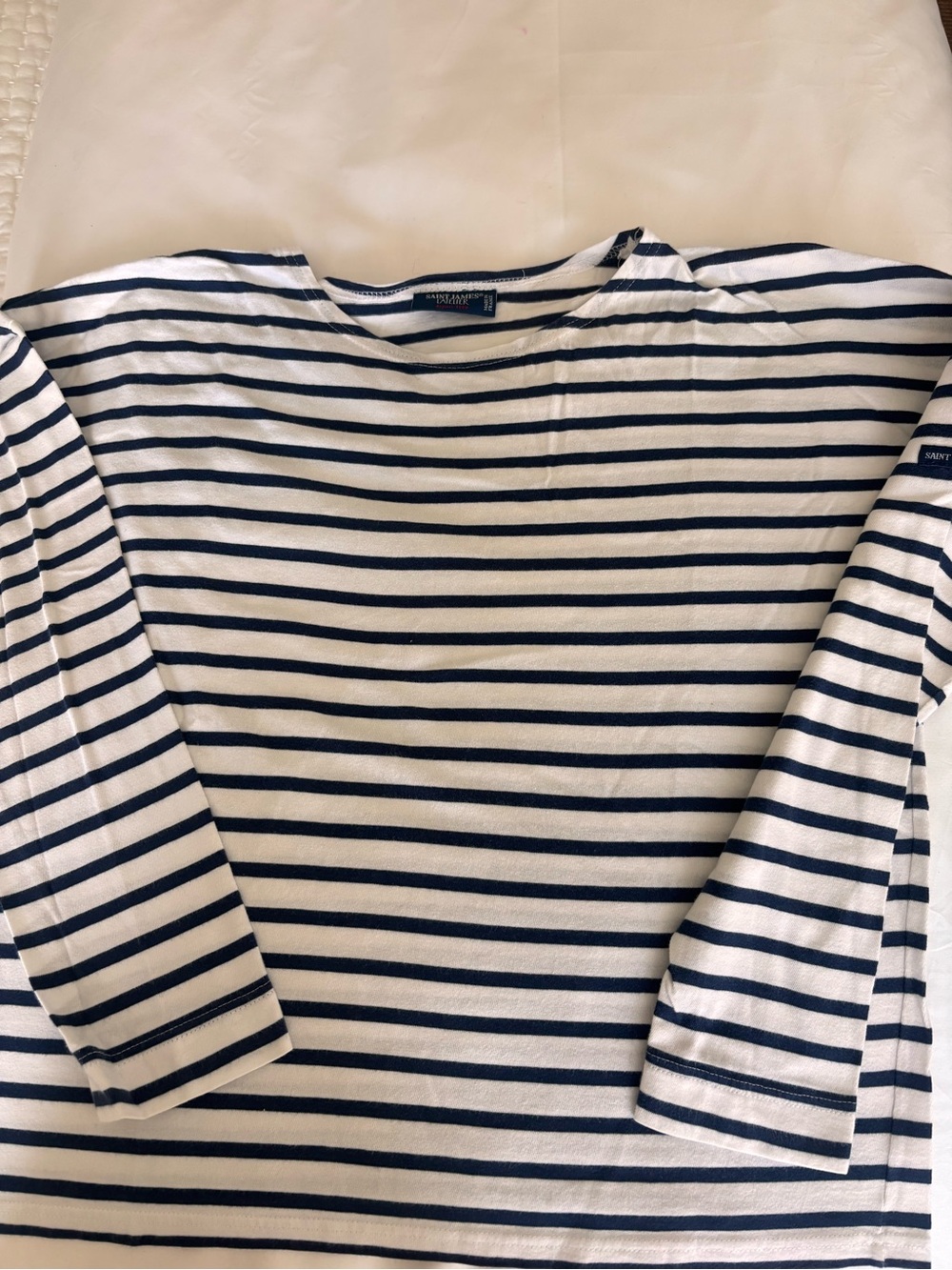 Saint James White and Navy Striped Long Sleeve Boatneck PREPPY TRAD